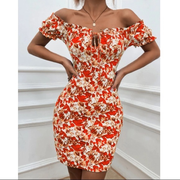 Boho green Floral Print Off Shoulder Bodycon Dress - Picture 8 of 16